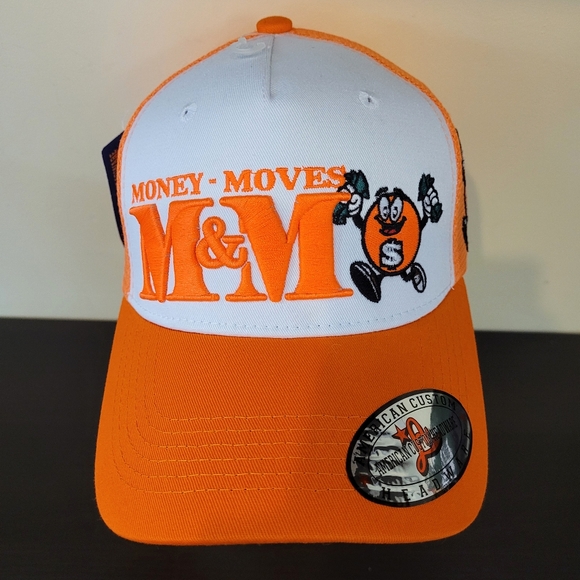 Embroidered "Money - Moves M&M" Orange and White Back Mesh Cap - Picture 1 of 3